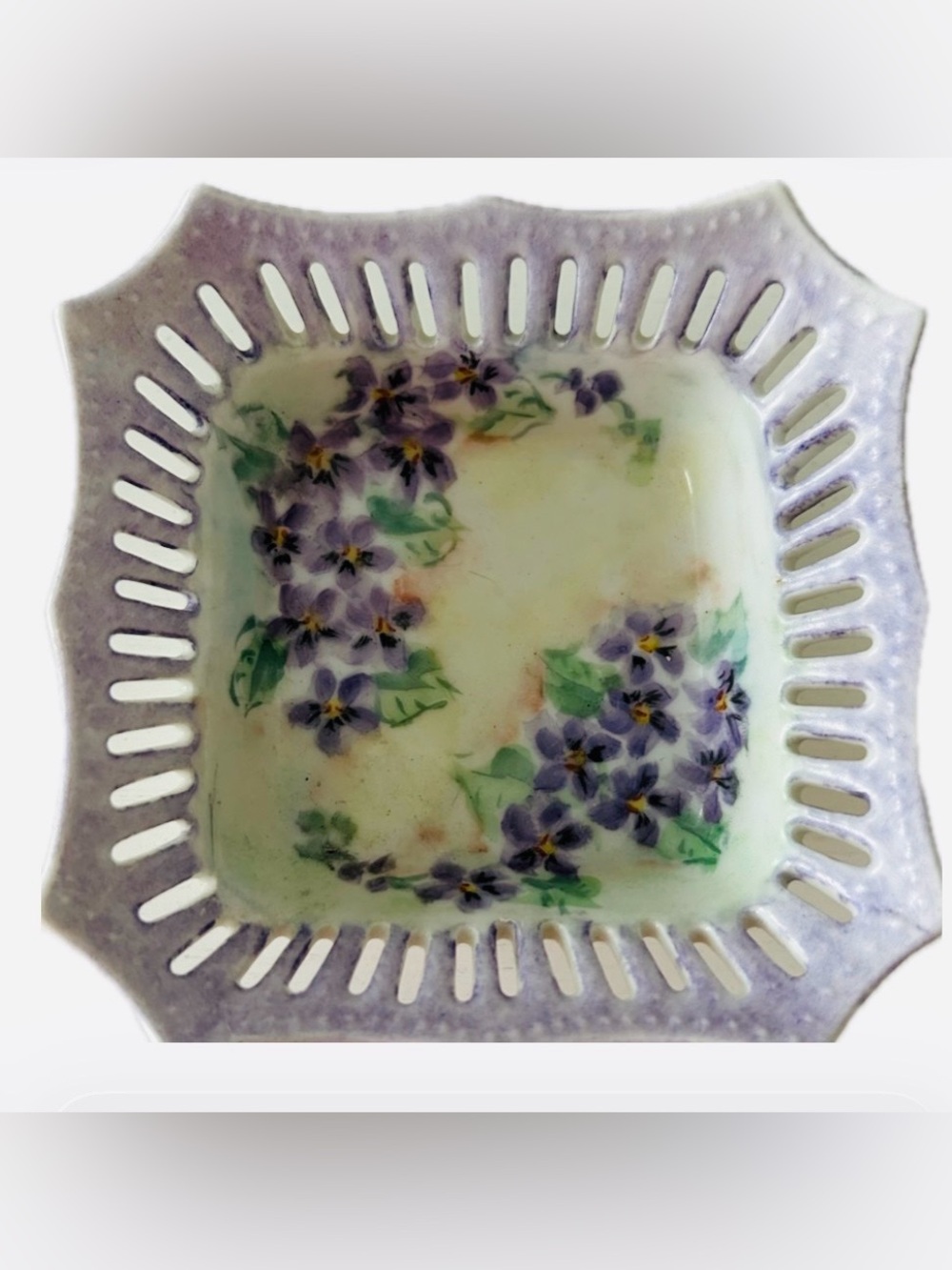 Hand-Painted Porcelain Lattice Basket Weave Bowl with Purple Violet Floral Motif